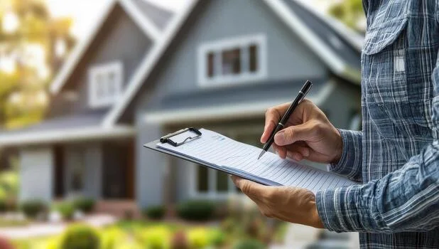 home-inspector-writing-on-clipboard-during-house-inspection-concept-of-real-estate-property-assessment-and-home-buying-photo